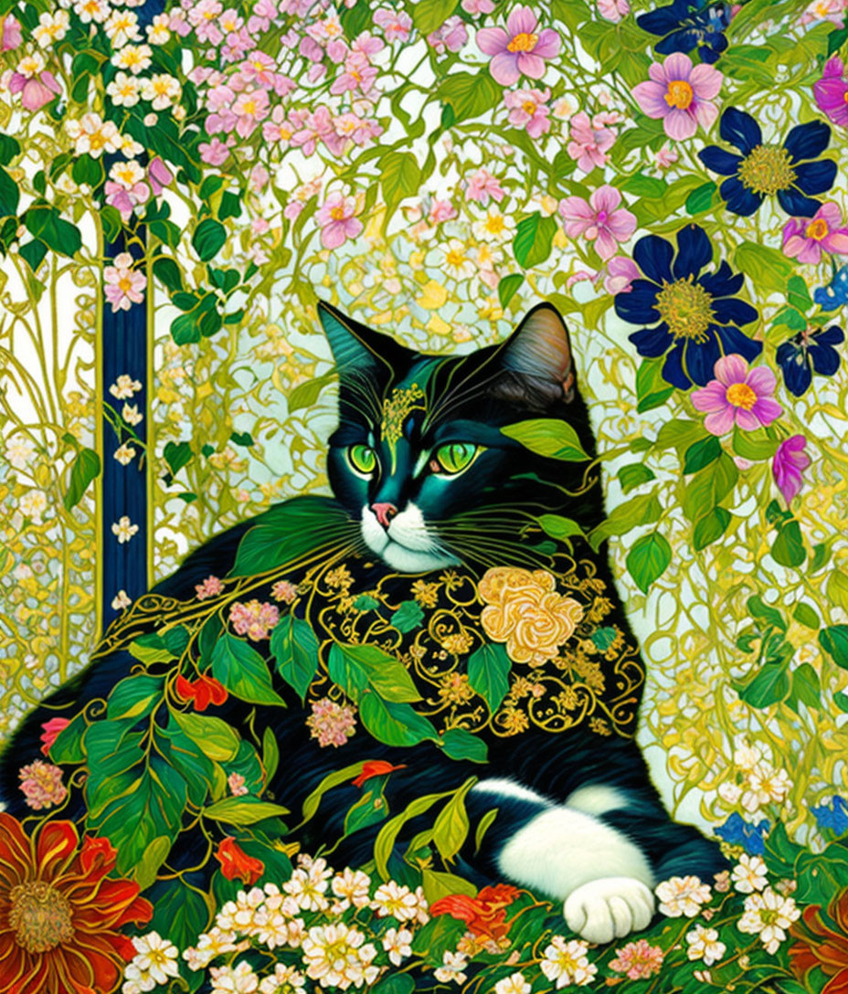 Vibrant floral background with black and white cat illustration