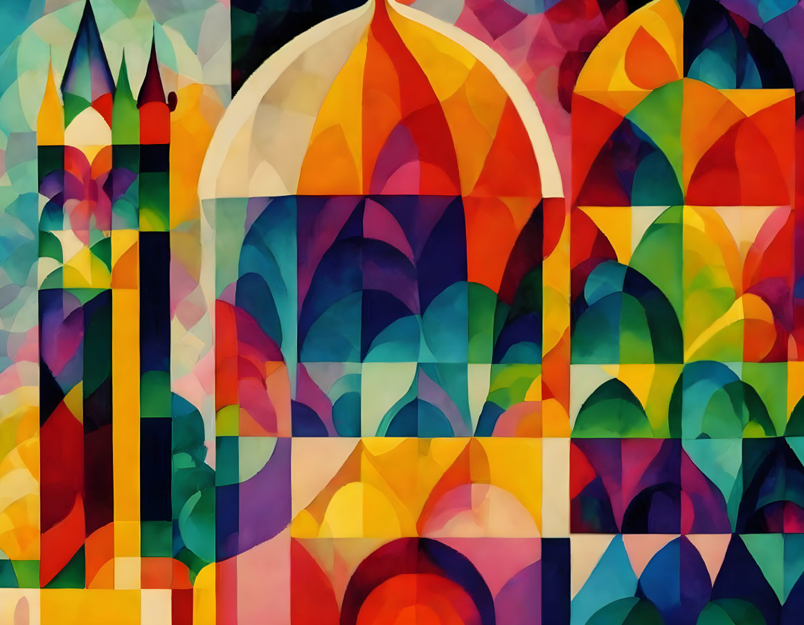 Colorful Abstract Mosaic with Geometric Shapes & Cathedral Silhouette