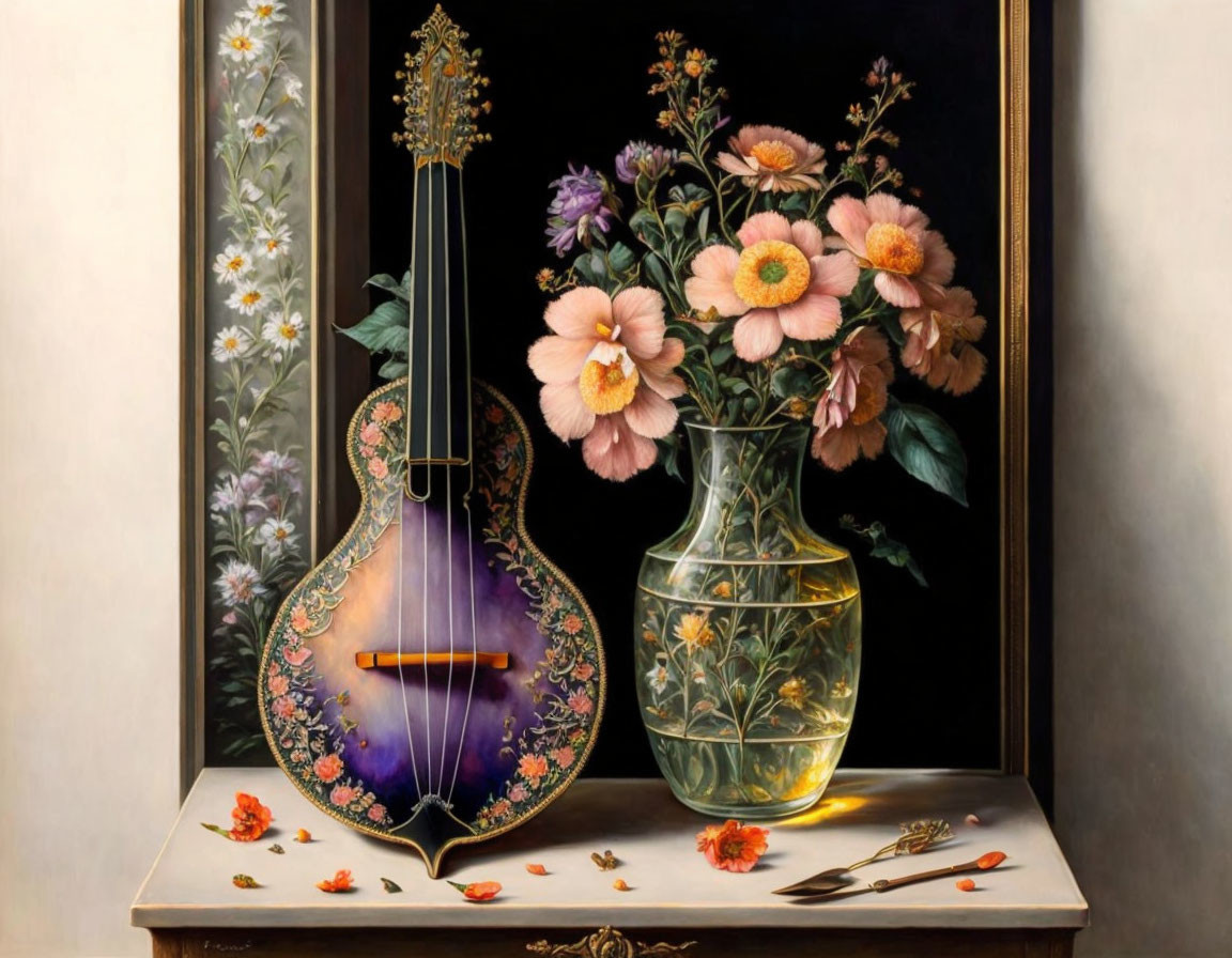 Ornate mandolin, vase, book, and petals on table