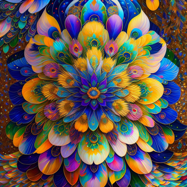 Colorful Peacock Feather Mandala Artwork Displayed