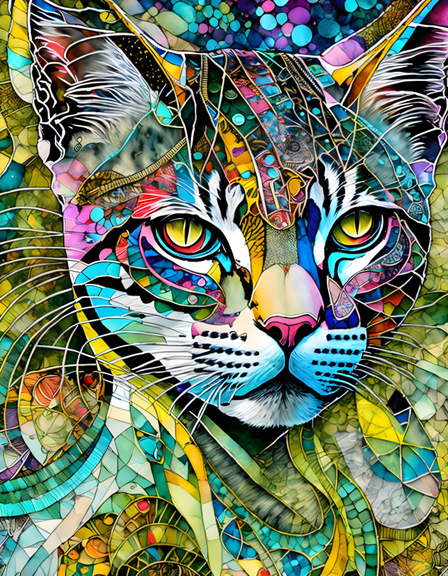 Colorful Stylized Cat Illustration with Mosaic-Like Design