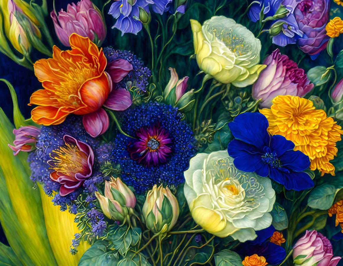 Colorful Floral Painting with Blooming Flowers in Orange, Yellow, Blue, and Purple