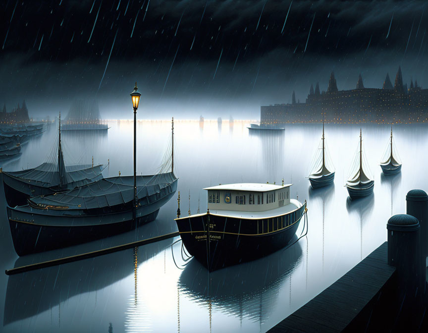 Night-time harbor scene with boats, streetlamp, rain, and cloudy sky