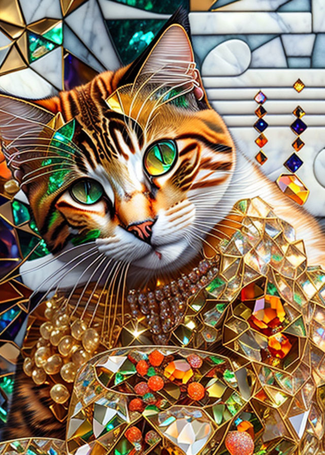 Digitally altered cat image with multicolored eyes and jewel collar on mosaic background