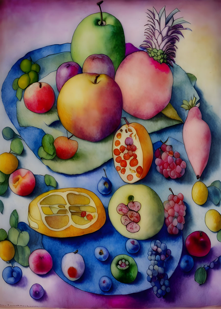 Vibrant watercolor painting of assorted fruit on platter