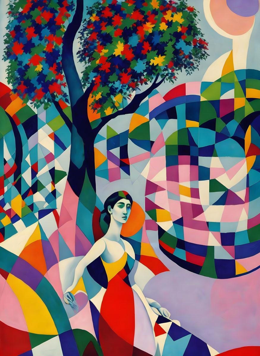 Colorful Cubist Painting of Woman in Red Dress with Floral Tree