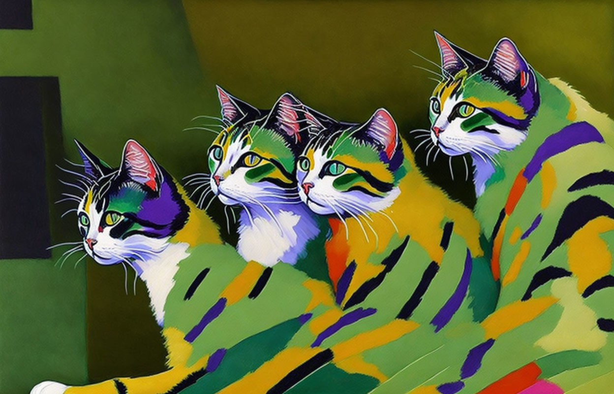 Colorful Stylized Cats Painting on Geometric Background