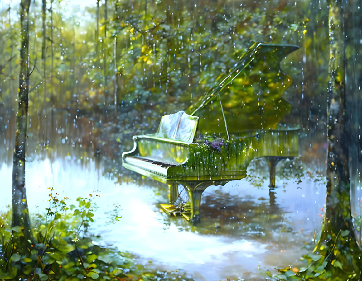 Grand piano with white cloth and flowers in sunlit forest rain