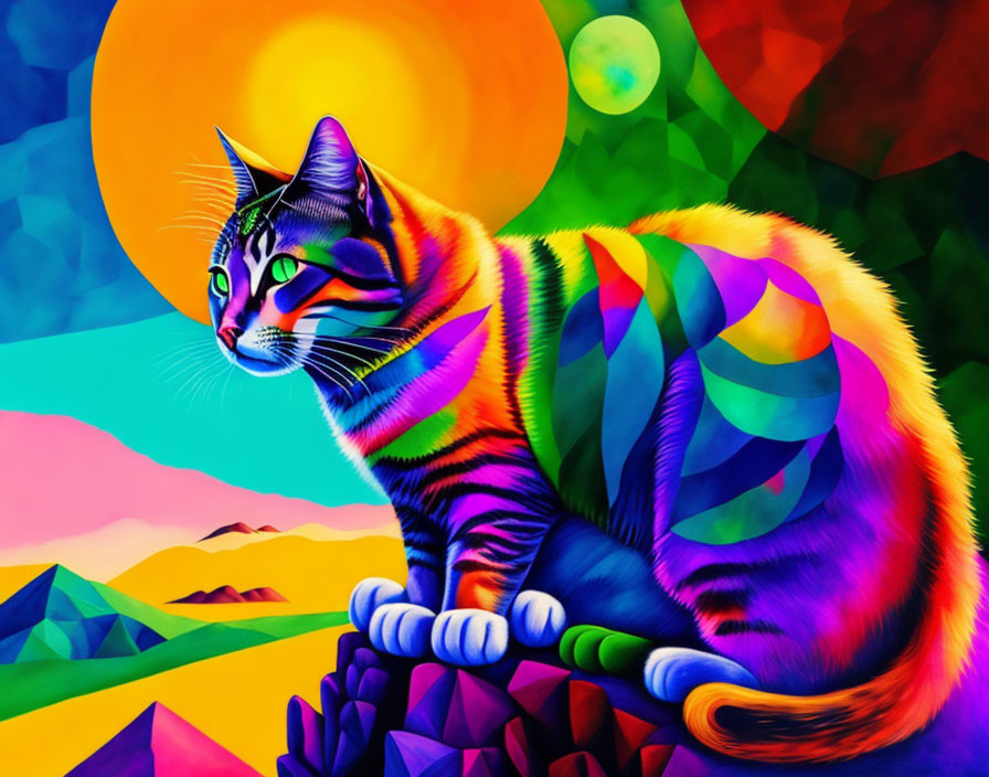 Colorful Stylized Cat Artwork with Rainbow Hues and Geometric Background