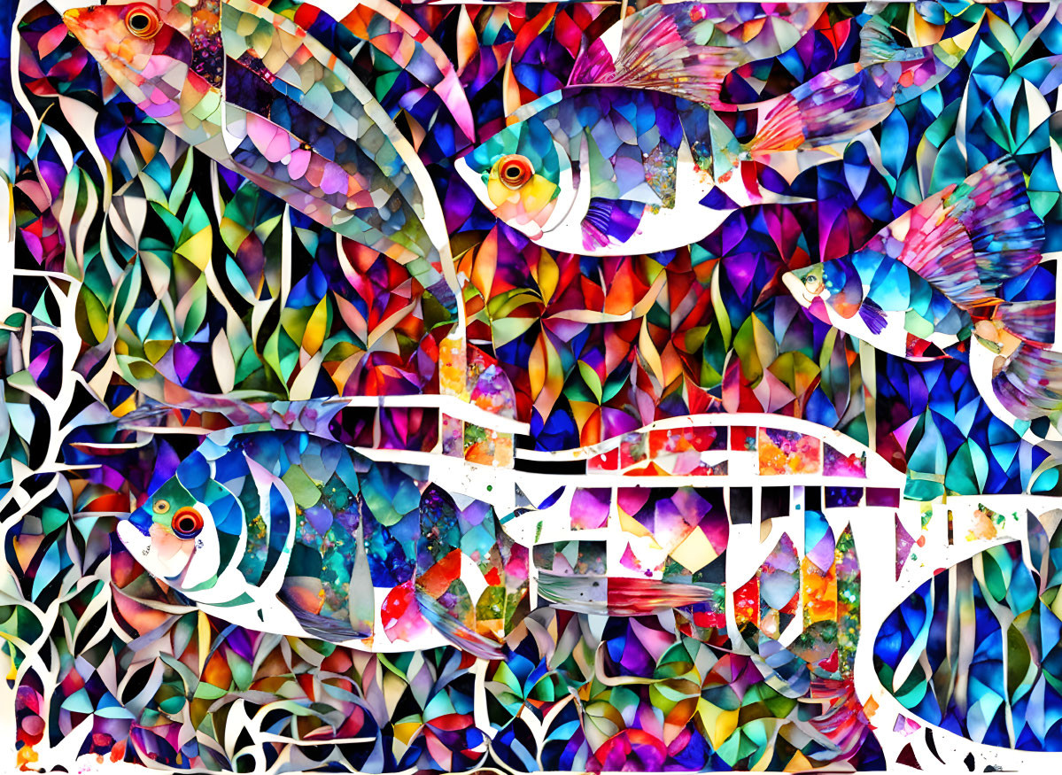 Colorful digital artwork: Multicolored fish swim in vibrant mosaic background