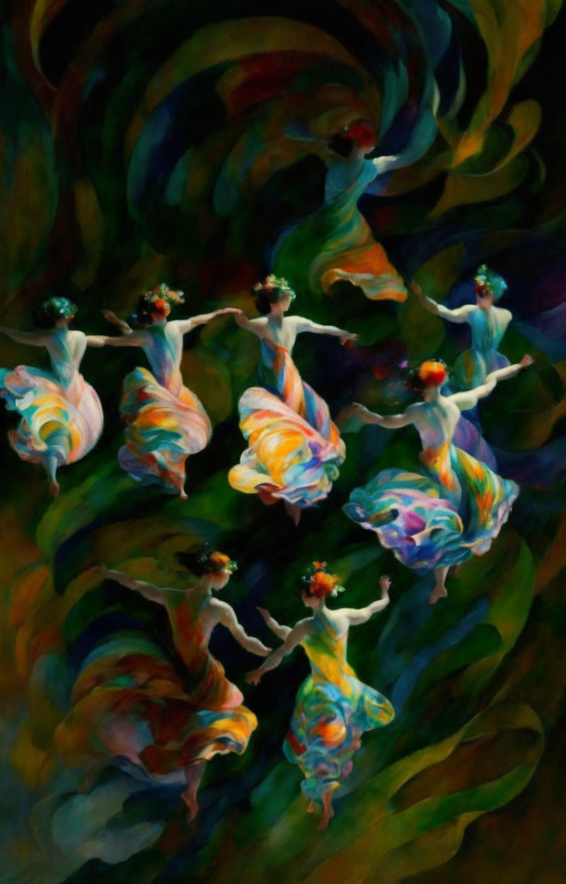 Colorful Painting of Ethereal Dancers in Flowing Dresses