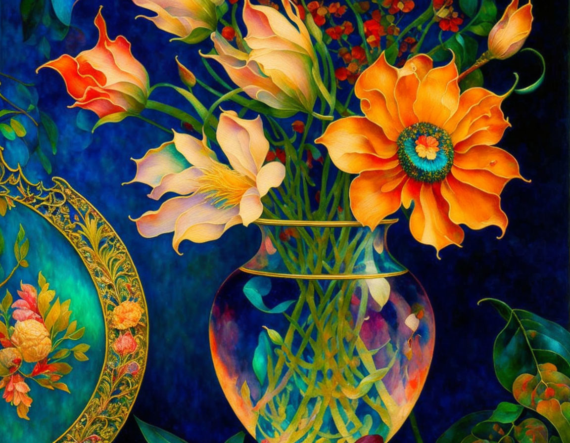Colorful Digital Artwork: Vibrant Flowers in Ornate Vase on Dark Blue Background