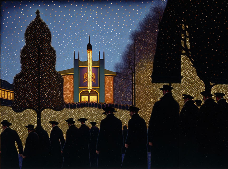 Crowd of people at night, silhouetted against bright building with steeple
