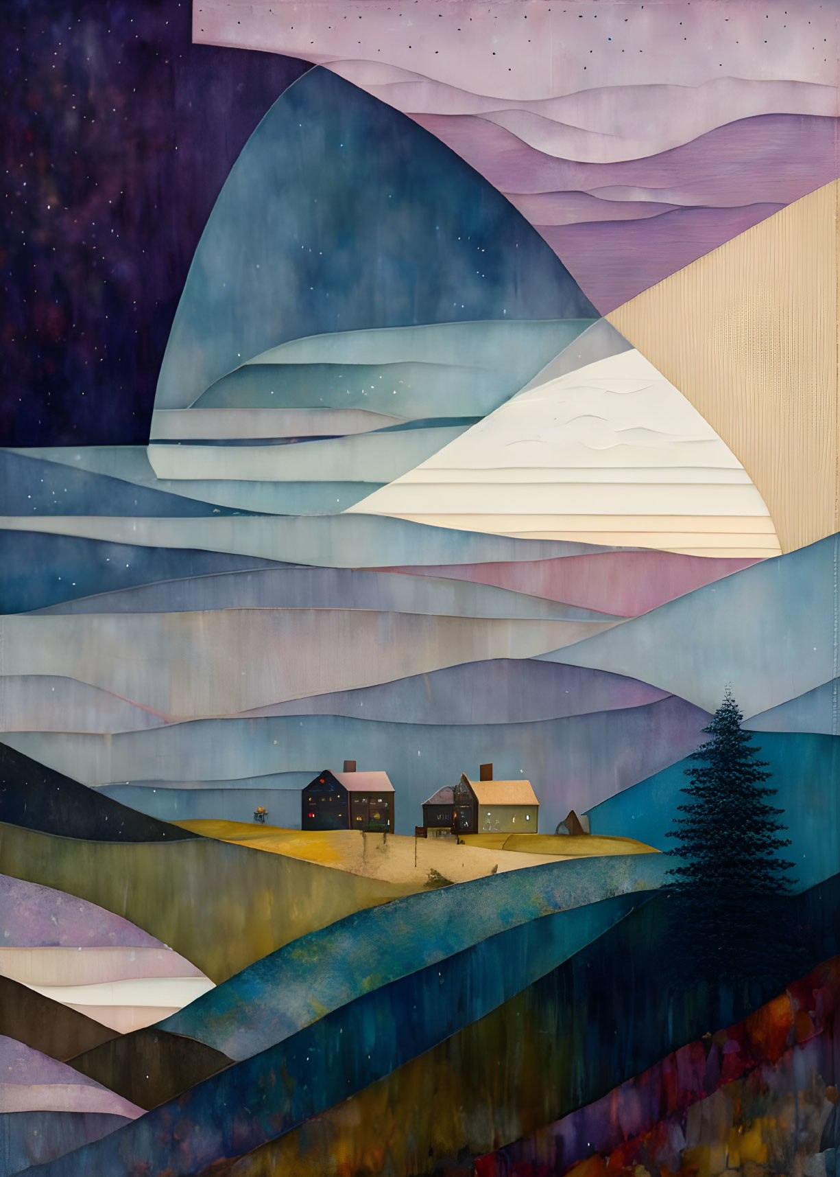 Geometric landscape painting with starry sky, houses, and lone tree