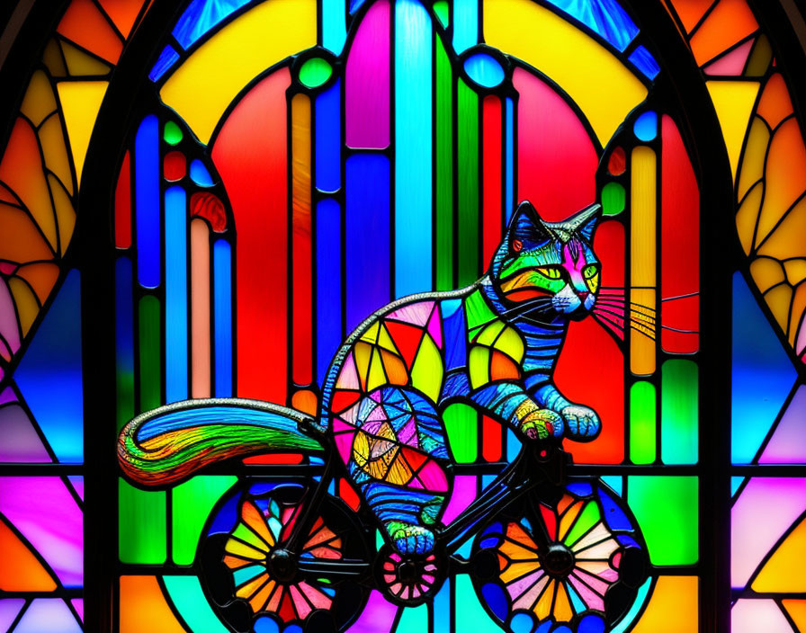 Multicolored cat on bicycle in vibrant stained glass