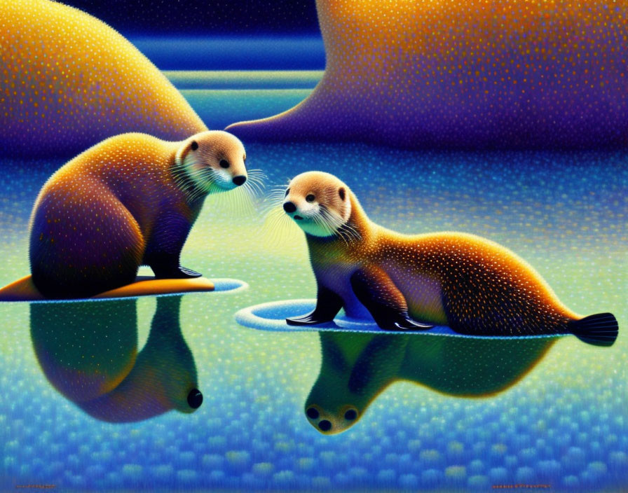 Stylized otters on reflective surface with vibrant blue and orange background