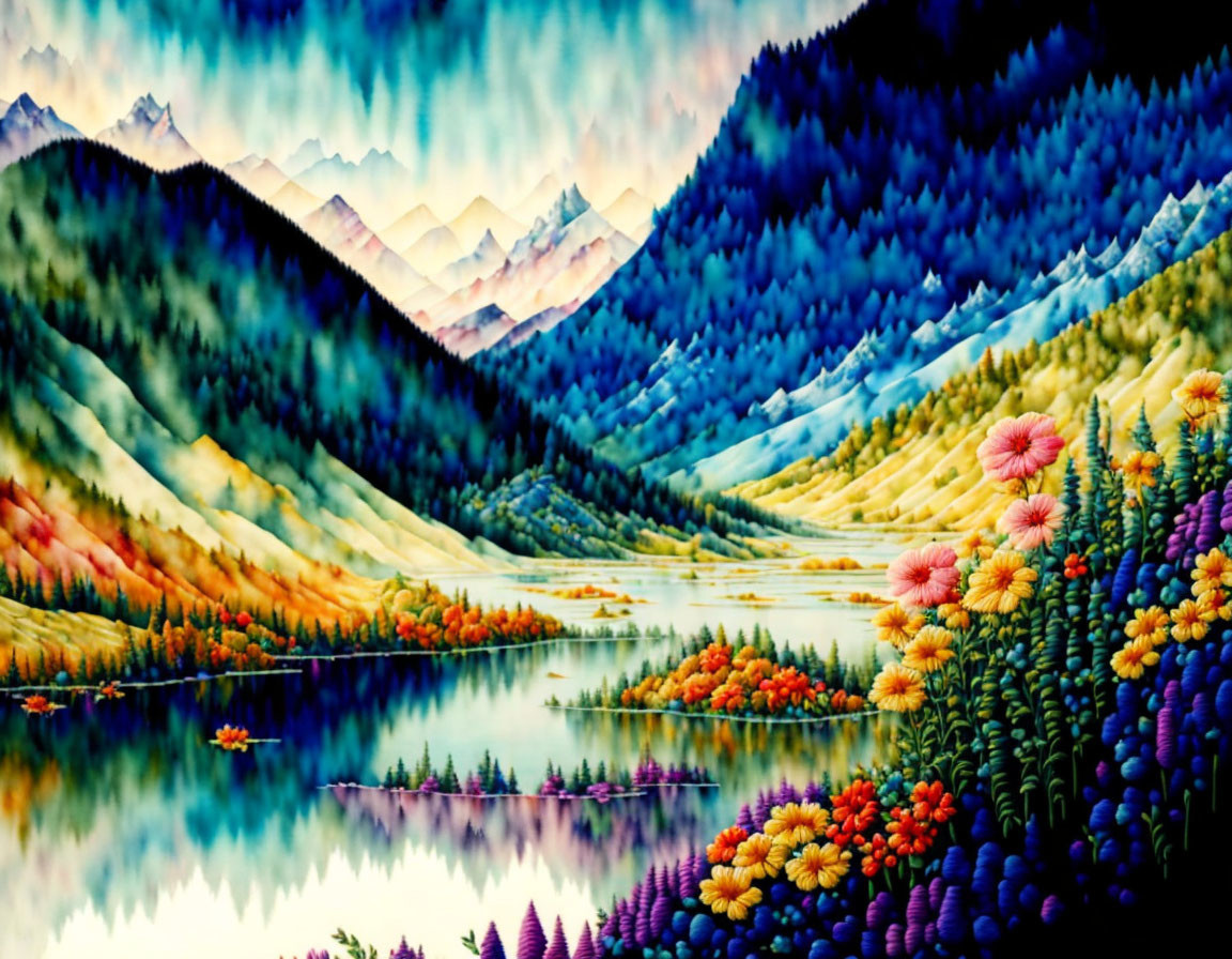 Colorful Landscape Painting: Serene Lake, Rolling Hills, Flower Fields, Mountain Ranges