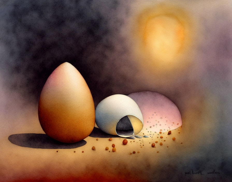 Abstract watercolor painting: Stylized eggs in warm tones, one cracked, against amber and grey