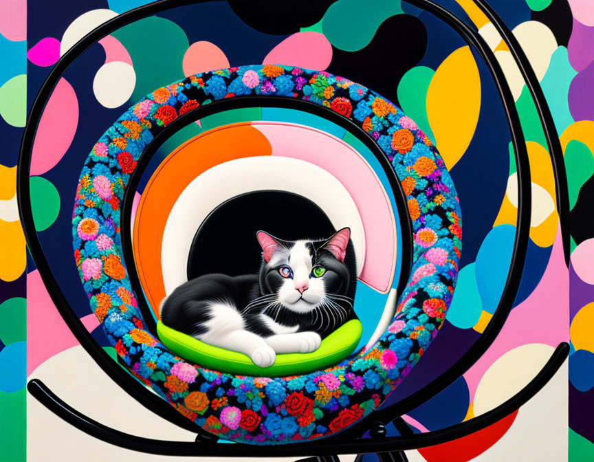 Vibrant artwork of black and white cat in circular structure