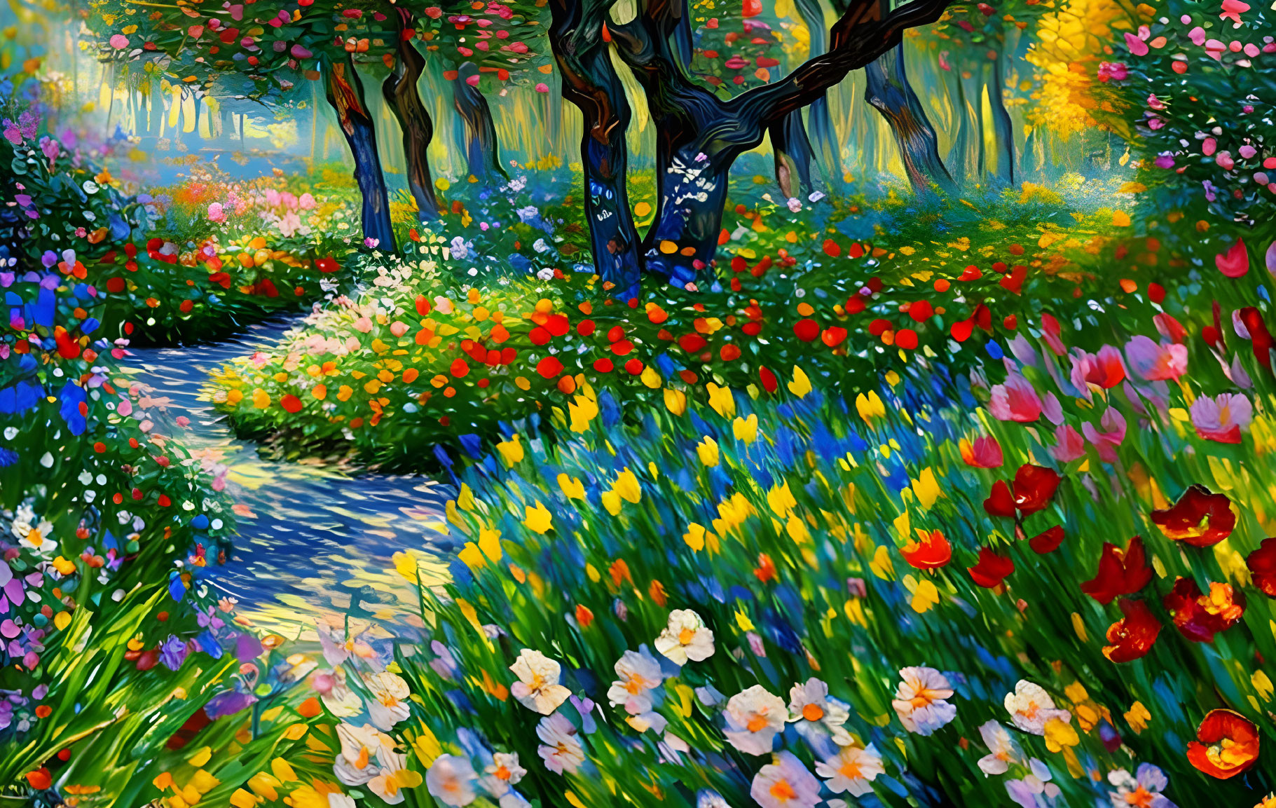 Colorful Impressionistic Forest Painting with Stream