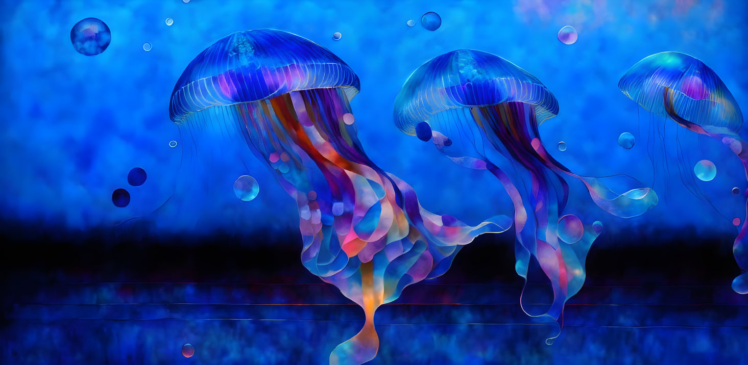 Colorful digital artwork featuring three jellyfish in iridescent hues on a deep blue backdrop with bubbles