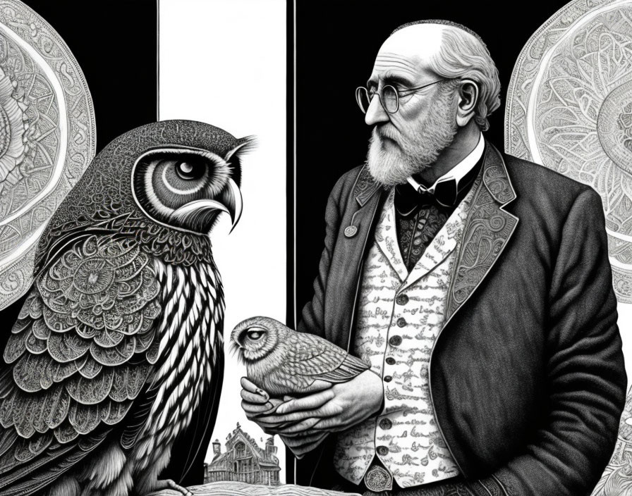 Monochrome illustration of elderly man with bird and owl in ornate setting
