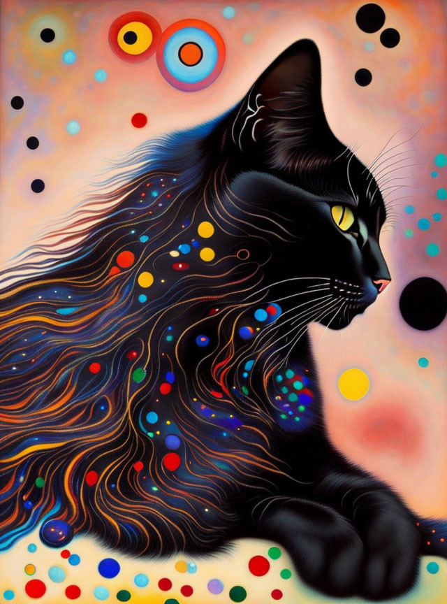 Colorful Psychedelic Black Cat Artwork with Swirling Patterns