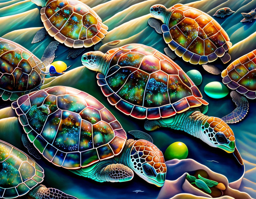 Vibrant sea turtles and underwater scenery with coral and plants