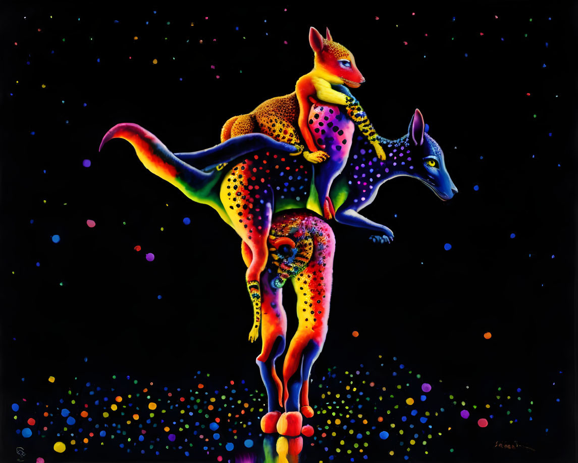 Colorful Kangaroo and Joey Painting with Neon Dots on Black Background