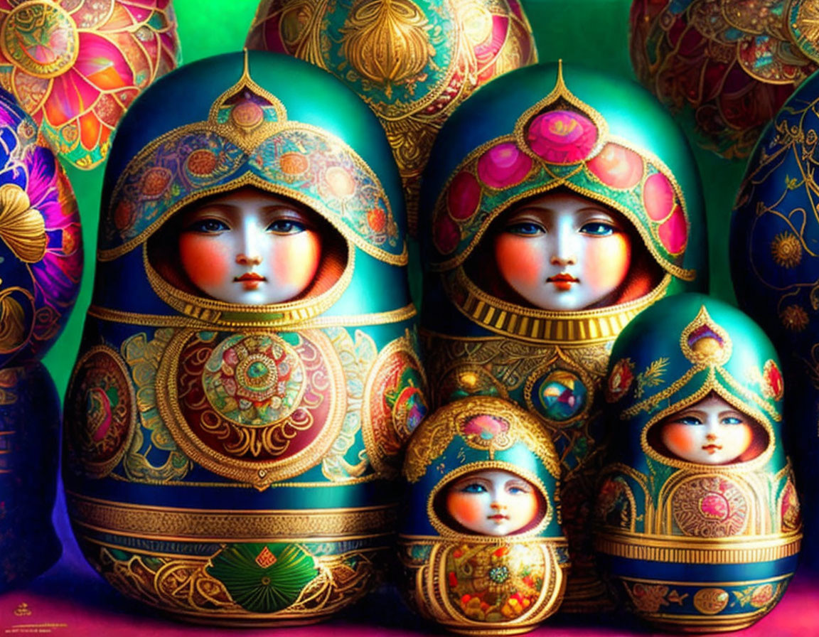 Vibrant matryoshka dolls with intricate floral patterns and detailed faces on ornate backdrop