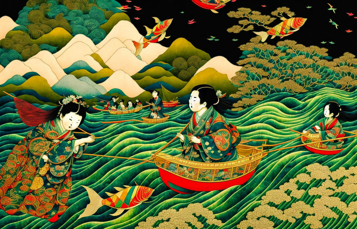 Japanese Art: Women in Kimonos on Boats with Waves, Fish, Mountains, and Cloud