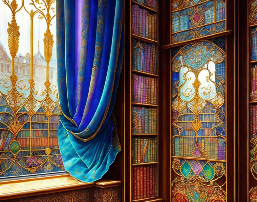 Ornate Room with Stained Glass Window, Golden Patterns, Blue Curtain, and Books Shelf