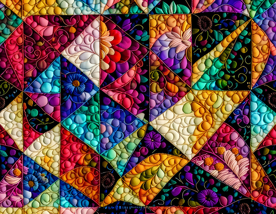 Colorful Stained Glass-Style Quilt Pattern with Triangles and Flowers