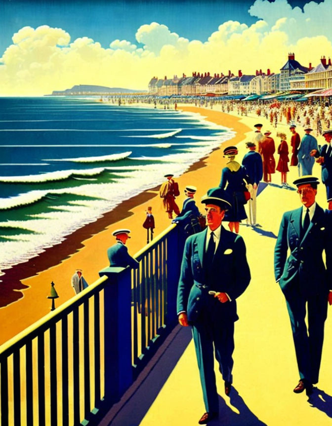 Vintage-style seaside promenade illustration with people, beach, waves, and classic architecture.