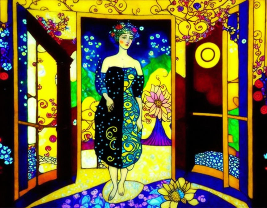 Vibrant image: Woman in patterned dress in colorful doorway