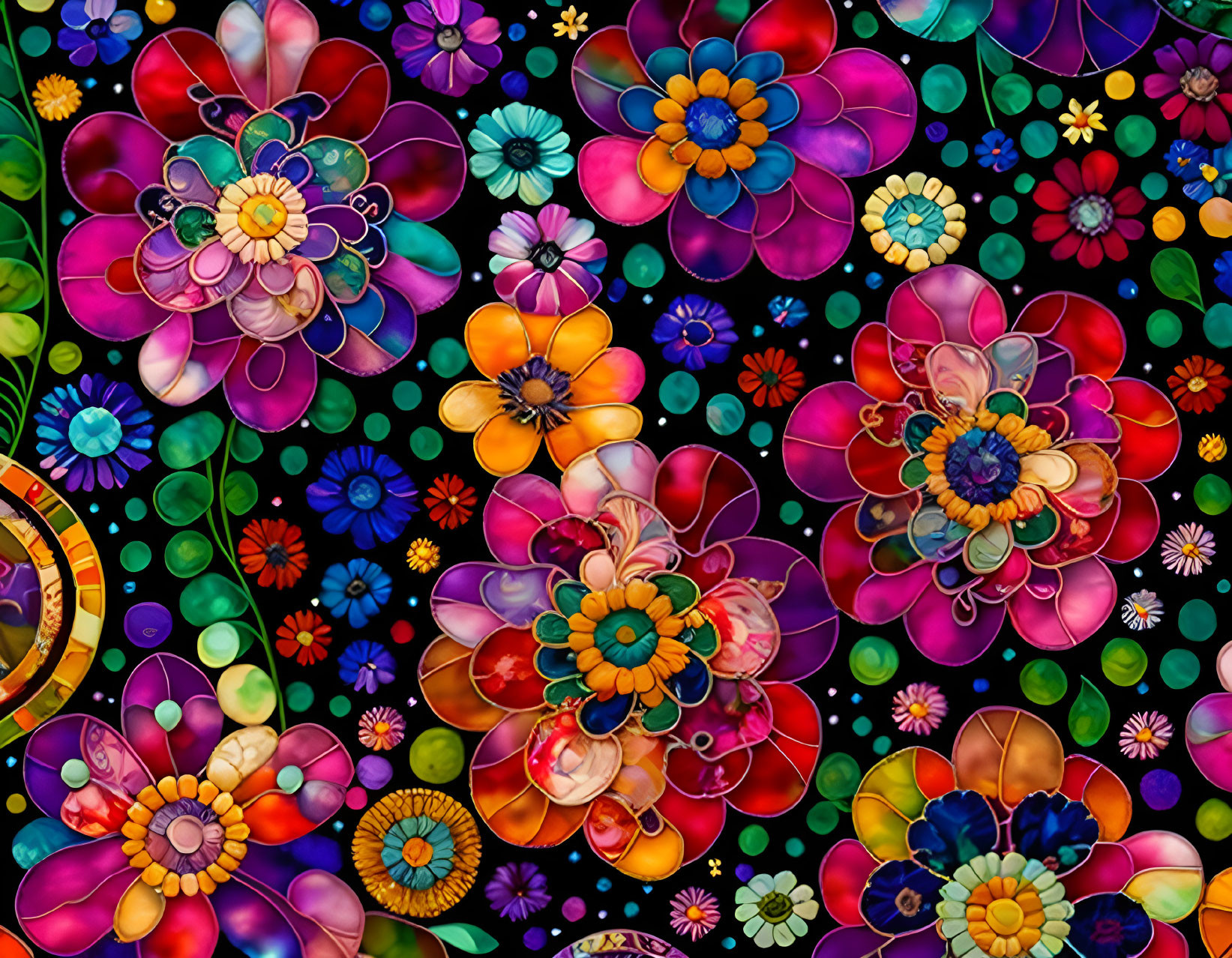 Colorful Stylized Flower Mosaic on Dark Background