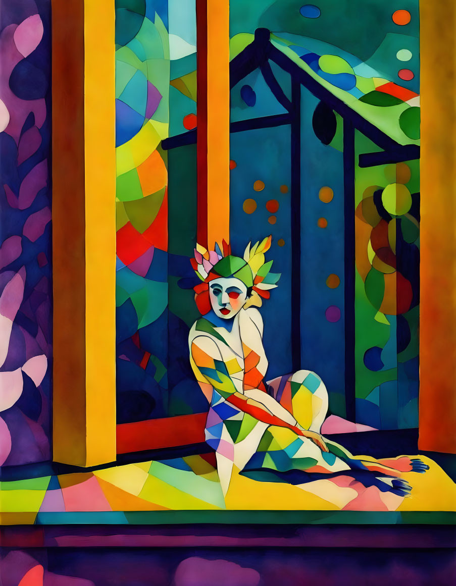 Colorful Abstract Painting with Stylized Figure and Geometric Shapes