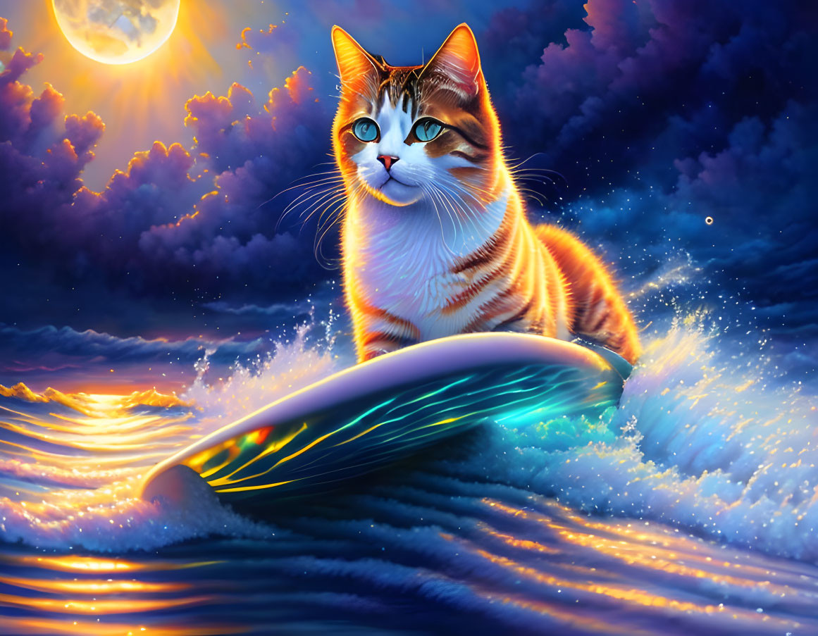 Colorful Cat Surfing Cosmic Waves with Moon and Stars