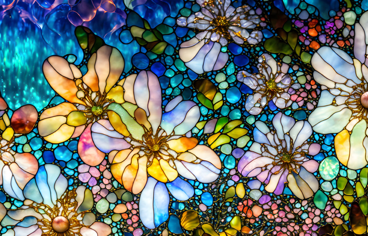 Vibrant floral and abstract bubble designs on stained-glass window