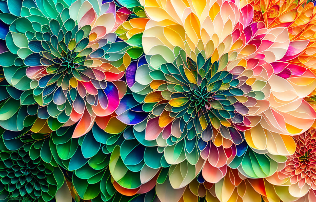 Colorful 3D floral digital art with gradient from blues to reds