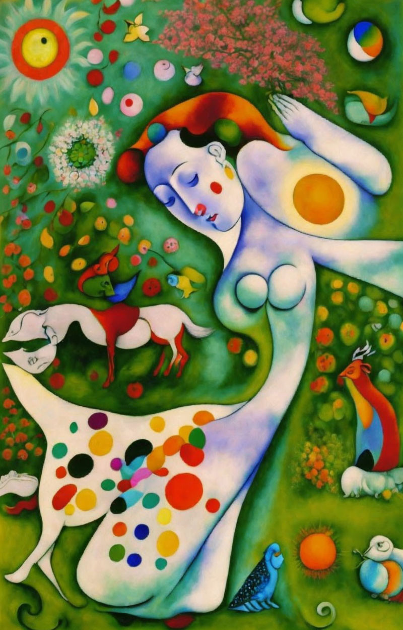 Abstract painting: Colorful depiction of nude woman, animals, celestial bodies, and shapes
