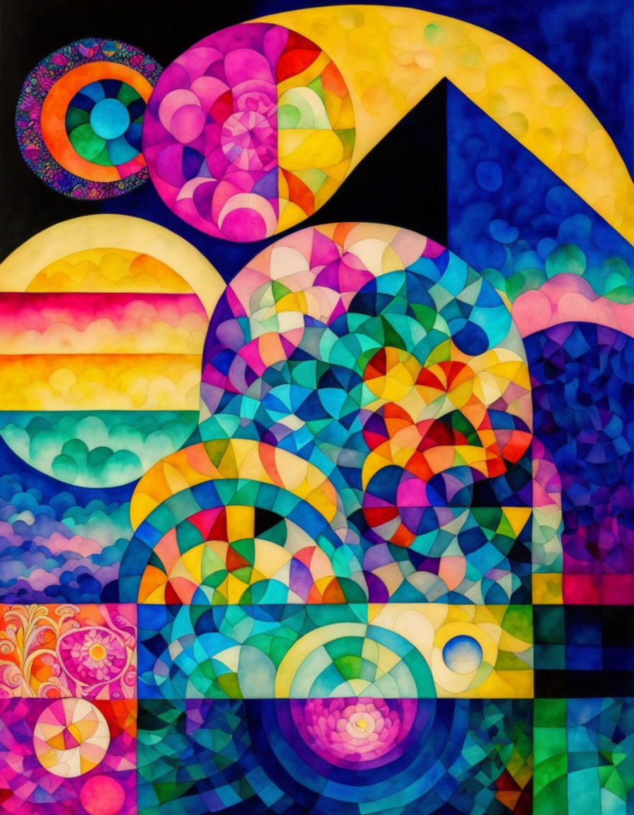 Colorful Abstract Painting with Circles, Spirals, and Geometric Shapes