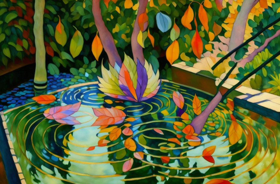 Colorful forest scene with floating leaves and water ripples among greenery.