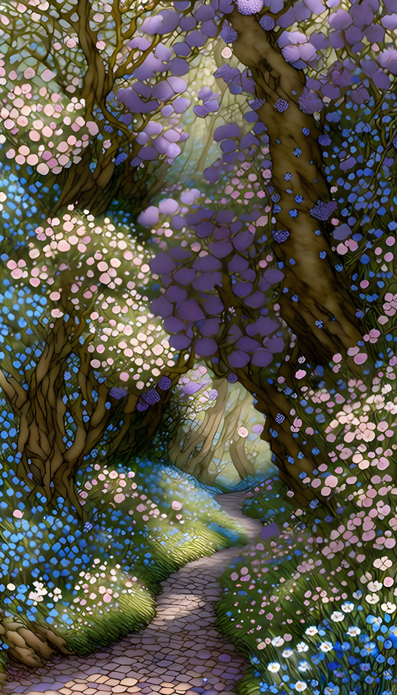 Whimsical forest with stone pathway and colorful blossoms