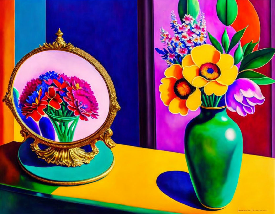 Colorful Still Life Painting with Mirror and Vases
