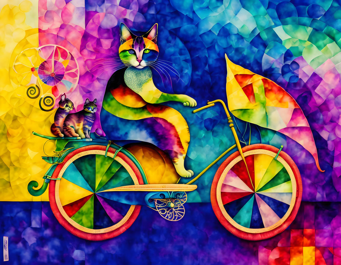 Vibrant humanoid cat on bicycle with kitten in basket against mosaic background