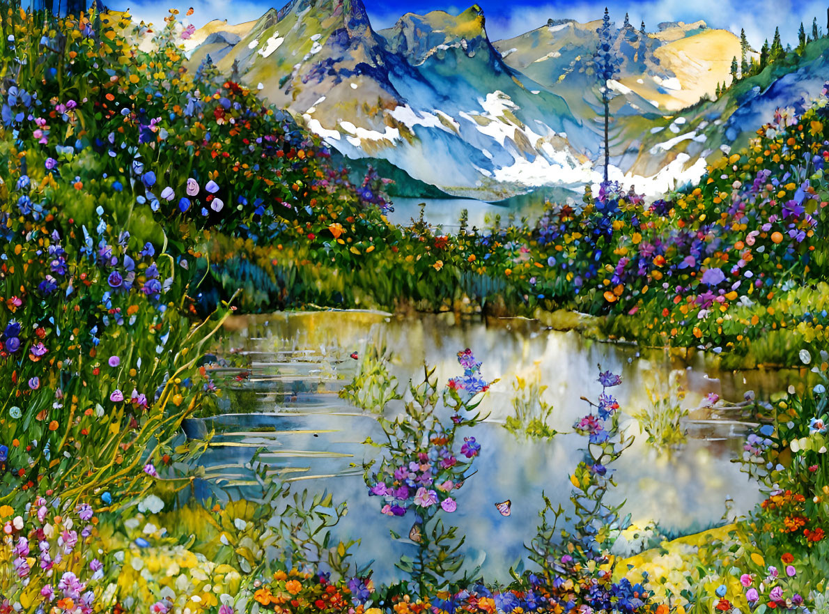 Scenic watercolor painting of flower meadow, pond, and mountains