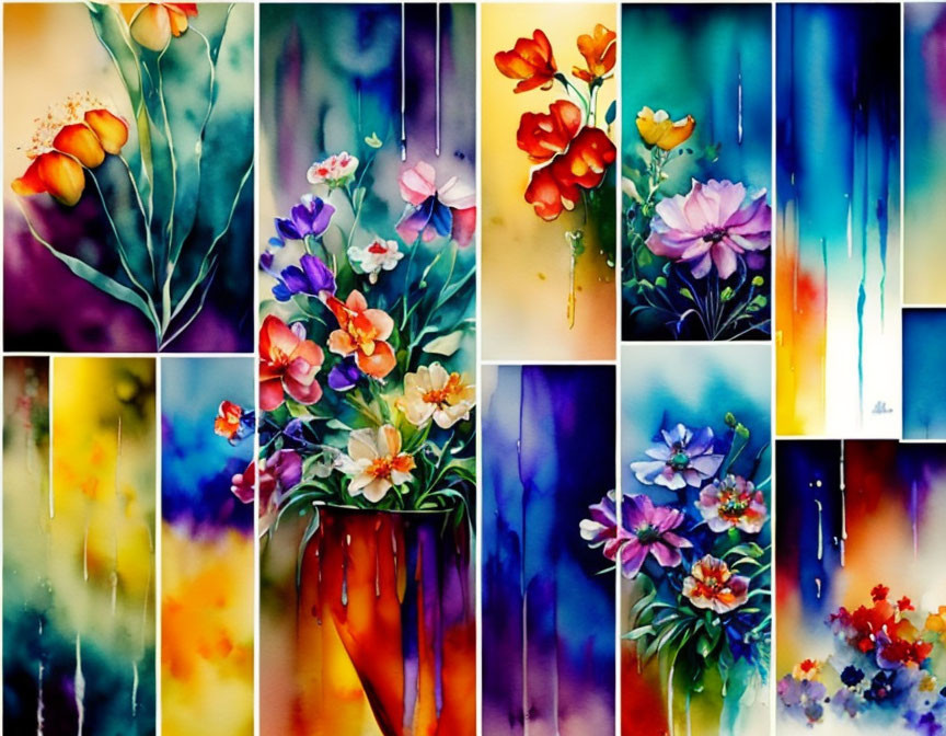 Colorful Watercolor Flower Paintings with Abstract Backgrounds