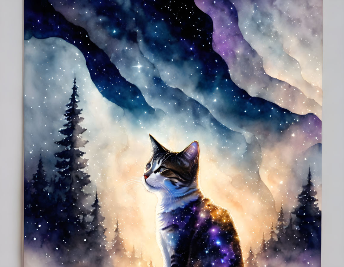 Cosmic patterned cat in winter landscape with starry sky