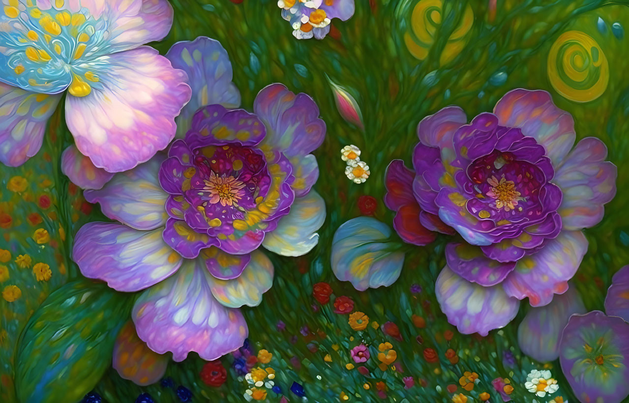 Colorful Digital Painting of Purple Flowers and Whimsical Patterns